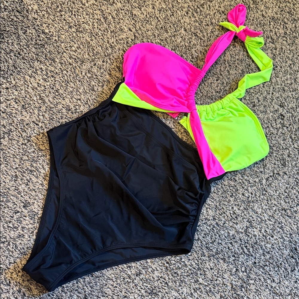 Neon Pink & Lime Green Colorblock One-Piece Swimsuit with Black Bottom